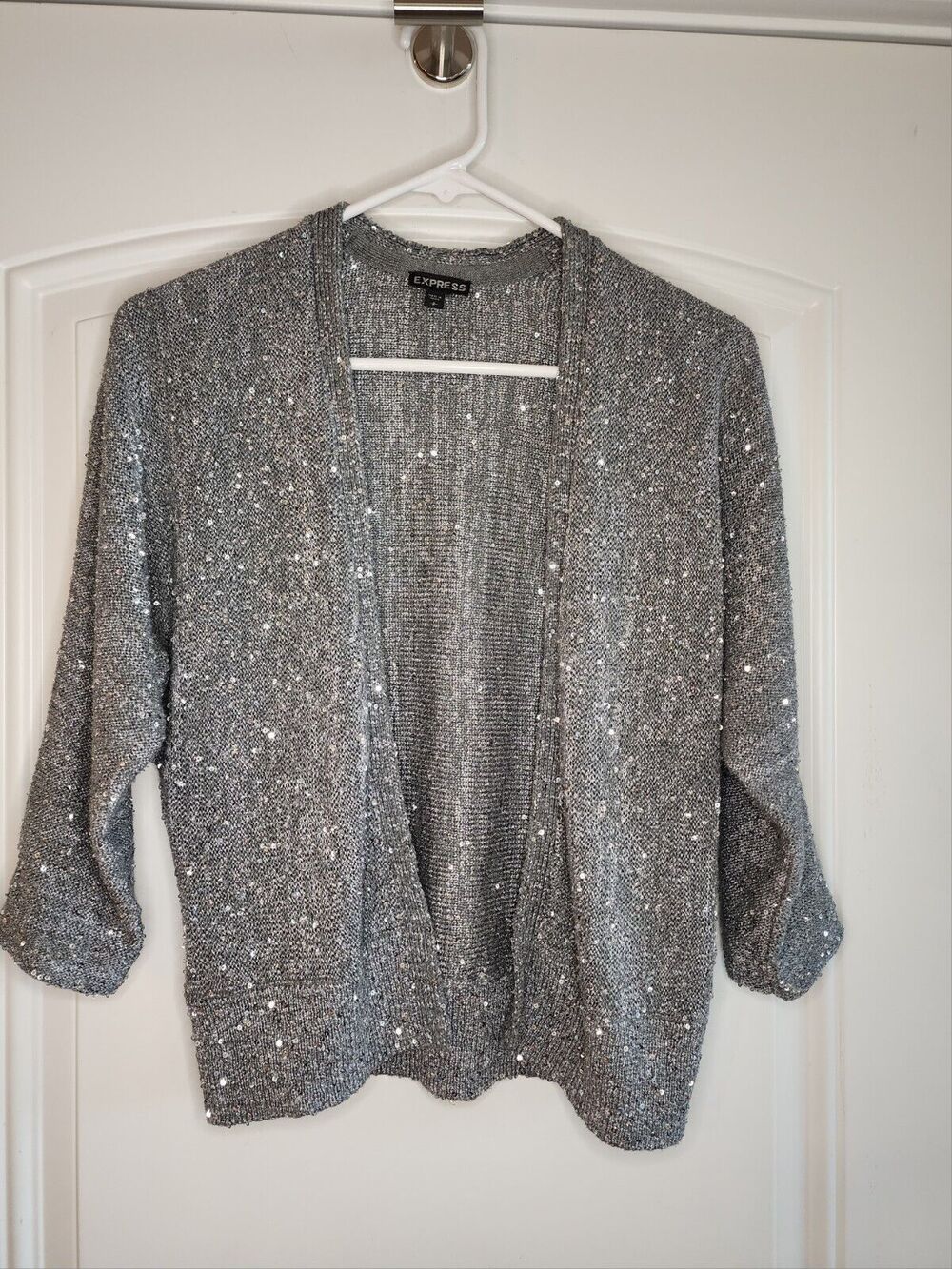 Express Womens Open Cardigan Gray Sparkly Sequin Silver Small